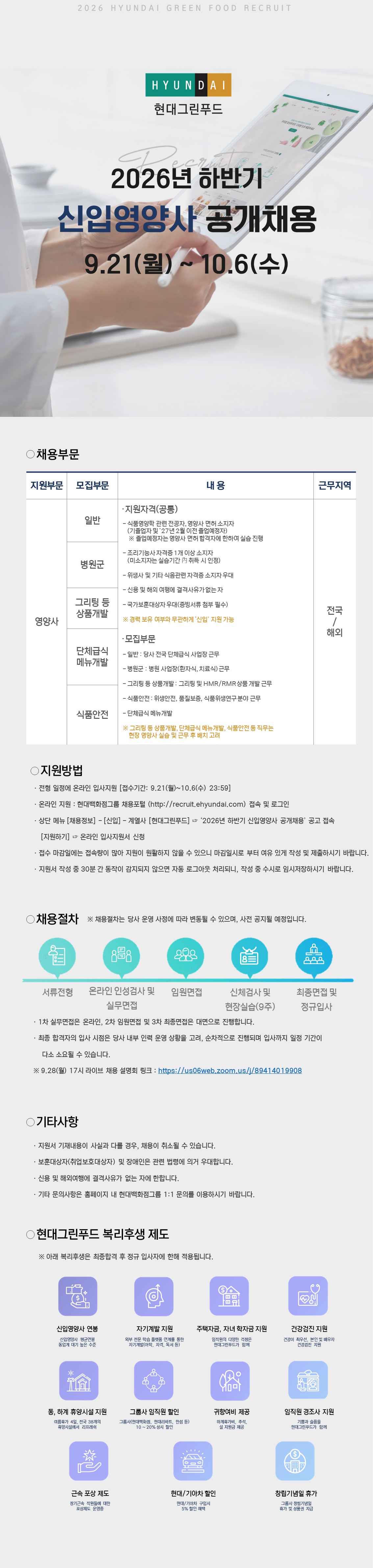 현대그린푸드는 2026년 하반기 신입 영양사를 공개 채용한다. 지원 기간은 9월 21일(월)부터 10월 6일(수)까지이며, 온라인 입사지원 시스템을 통해 접수할 수 있다.

모집 분야는 영양사 직군이며, 일반 사업장, 병원급식, 그리팅 등 상품개발, 단체급식 메뉴개발, 식품안전 분야에서 근무할 인재를 선발한다. 근무지는 전국 및 해외 사업장으로 배치될 수 있다.

지원 자격은 2027년 2월 졸업 예정자 또는 기졸업자로서 영양사 면허 취득자(또는 취득 예정자)이며, 해외여행에 결격사유가 없어야 한다. 조리기능사 자격증 소지자는 우대하며, 위생사 또는 기타 식품 관련 자격증 보유자도 우대 대상이다. 국가보훈대상자와 장애인은 관련 법령에 따라 우대한다.

합격자는 지원 분야에 따라 다양한 직무를 수행하게 된다. 일반 사업장 분야는 단체급식 사업장에서 근무하며, 병원급식 분야는 병원 사업장과 치료식 업무를 담당한다. 상품개발 분야는 그리팅 HMR·RMR 상품 개발 업무를 수행하고, 단체급식 메뉴개발 분야는 단체급식 메뉴를 개발한다. 식품안전 분야는 위생관리, 품질관리, 식품위생 관련 업무를 담당하게 된다.

채용 절차는 서류전형, 온라인 인성검사 및 실무면접, 임원면접, 신체검사 및 현장실습(약 9주), 최종면접 순으로 진행된다. 실무면접은 온라인으로 실시되며, 이후 단계별 평가를 통해 최종 합격자를 선발한다. 입사 전 현장실습을 통해 직무 적합성을 확인할 예정이다.

현대그린푸드는 임직원의 안정적인 근무와 삶의 질 향상을 위해 다양한 복리후생 제도를 운영하고 있다. 신입영양사 연봉은 업계 상위 수준으로 제공되며, 자기계발 지원과 주택자금 및 학자금 지원 제도가 마련되어 있다. 또한 건강검진 지원, 통·하계 휴양시설 이용, 계열사 임직원 할인 혜택, 경조사 지원, 근속 포상제도, 현대·기아차 구매 할인, 창립기념일 휴가 등 다양한 복리후생을 제공한다.

현대그린푸드는 전문성을 갖춘 영양사를 통해 고객에게 안전하고 건강한 식문화를 제공할 인재를 모집하고 있으며, 급식 운영뿐만 아니라 상품개발과 식품안전 분야로까지 커리어를 확장할 수 있는 기회를 제공하고 있다.